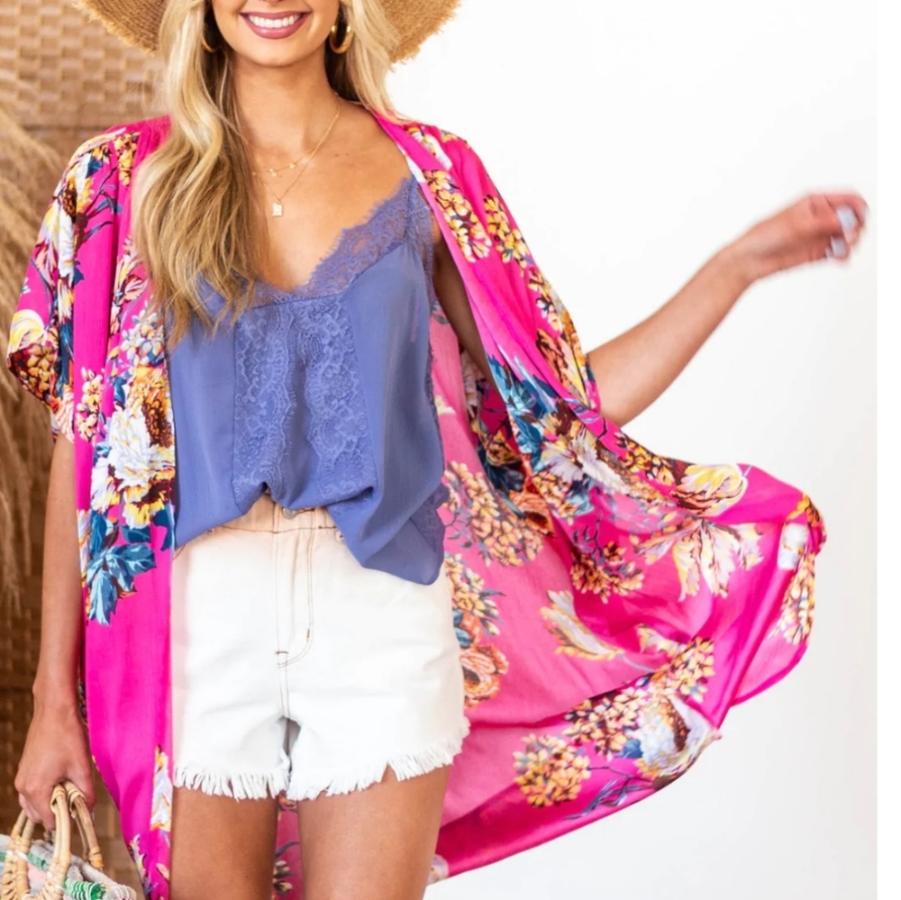 Magenta Floral Print Cocoon Hem Kimono